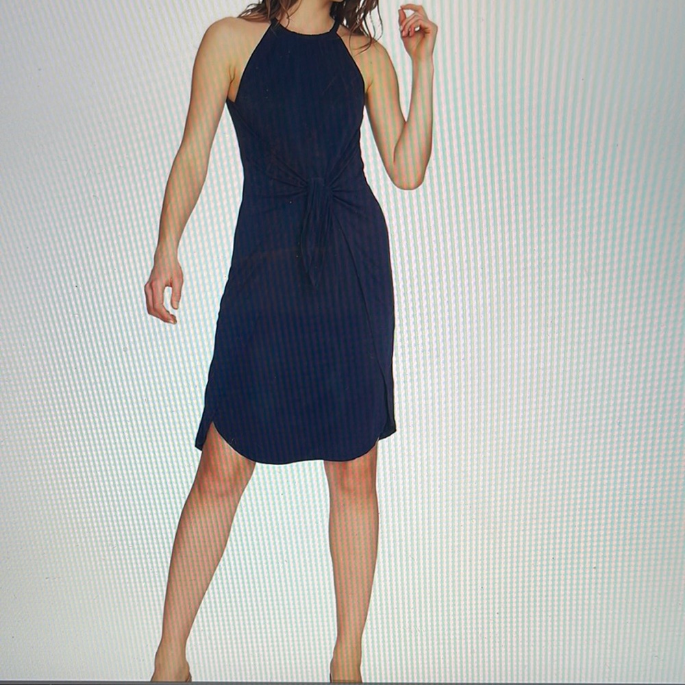 1State Womens Tie front Halter Asymmetrical dress in Navy with front waist tie
